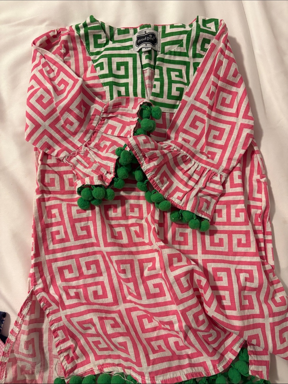 Mud Pie Pink and Green Geometric Pom-Pom Kids Dress